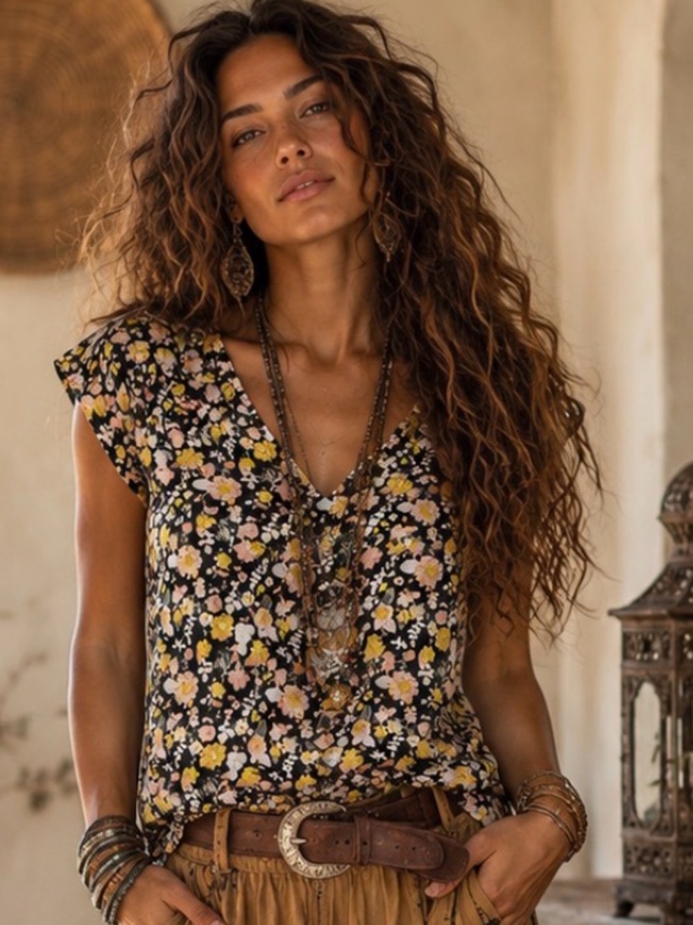 LOFT Black Floral V-Neck Cap Sleeve Top with Yellow and Pink Flowers Medium